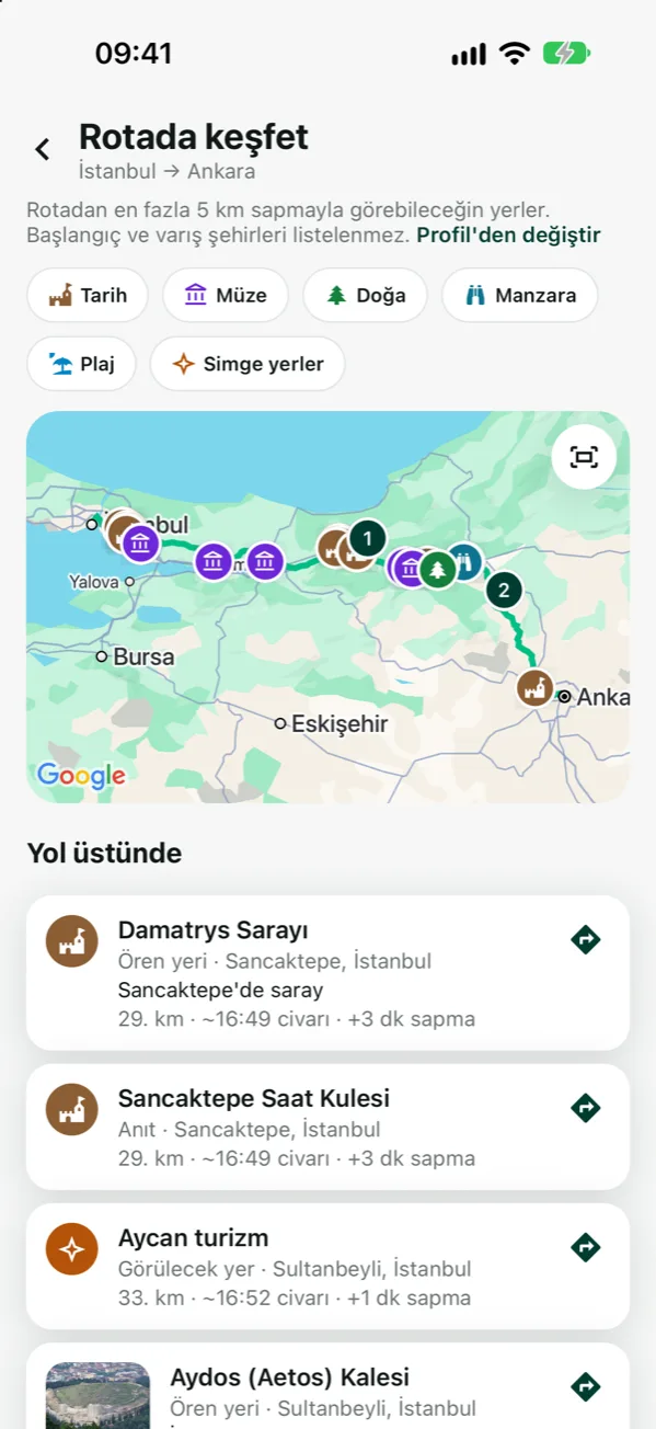 The “explore along the route” screen in the app