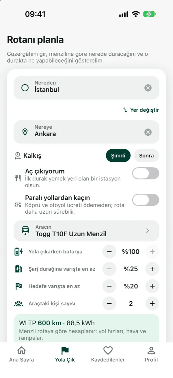The app’s route planning screen