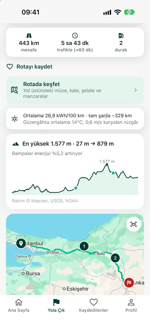 The route screen in the app: Istanbul → Ankara